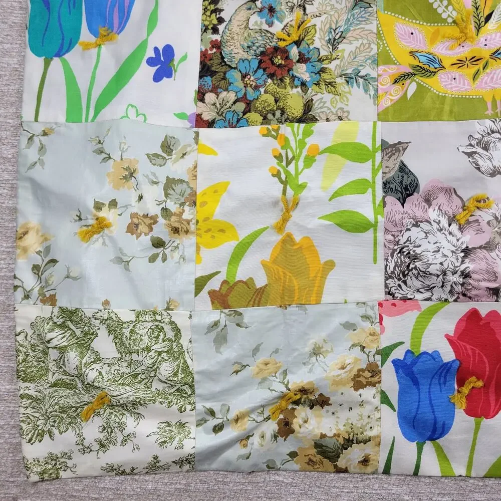 Handmade Patchwork Crazy Quilt Blanket Tablecloth Two-Sided Indian Square Floral